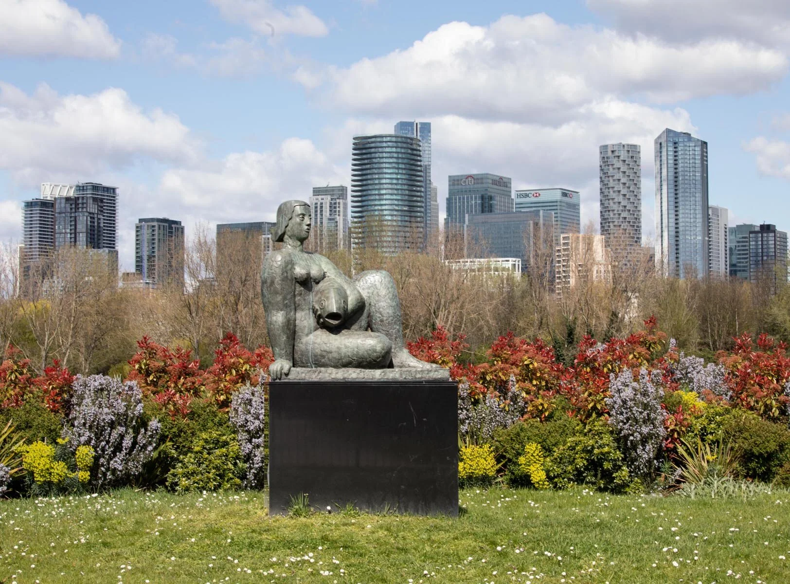 Millwall Park green space on the Isle of Dogs, near Canary Wharf